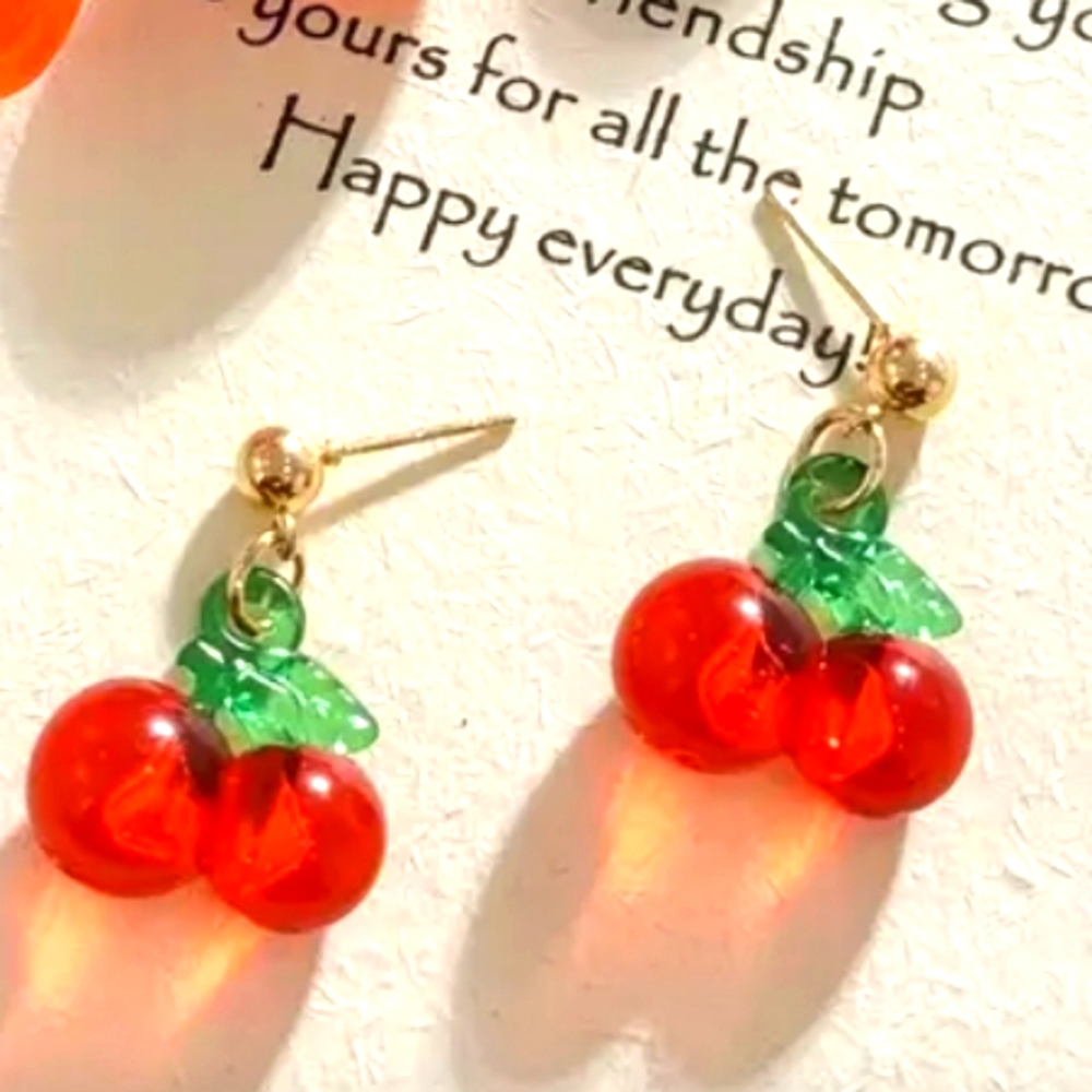 Charming Red Cherry Earrings with Gold Details korean made